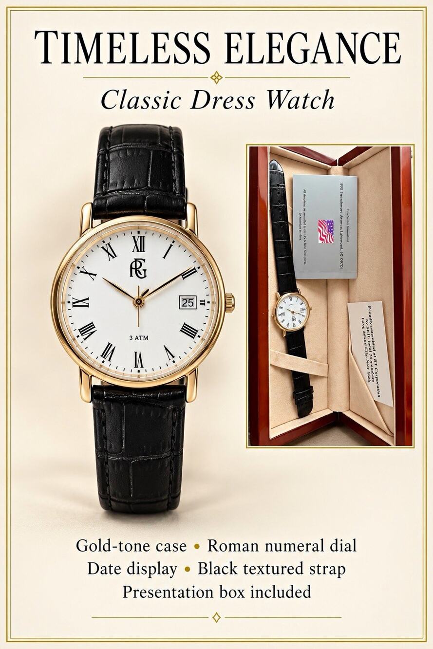 Classic Dress Quartz Watch Gold-Tone SS Case White Roman Dial Date 3 ATM